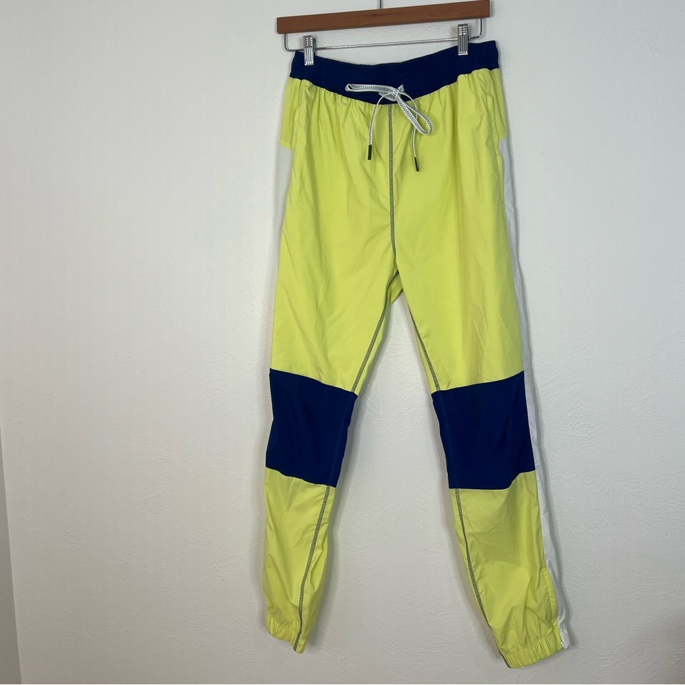 Lacoste Colorblock Track Pants Neon Yellow Navy Elastic Waist Size 40